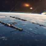 A photorealistic image of Earth from space, with multiple military satellites in low orbit, some with visible weapons or laser systems. The background shows stars and a glowing atmosphere. No text or