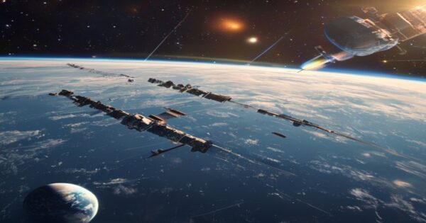 A photorealistic image of Earth from space, with multiple military satellites in low orbit, some with visible weapons or laser systems. The background shows stars and a glowing atmosphere. No text or