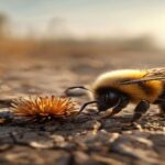 A photorealistic close-up of a fuzzy bumblebee resting on a wilted flower, with a blurred background of a dry, cracked earth landscape under a hazy sun, conveying climate stress.