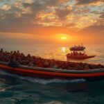 A photorealistic wide shot of a rubber boat overcrowded with people in the Mediterranean Sea at sunset, with rescue workers in orange vests approaching on a small inflatable boat, dramatic lighting, n