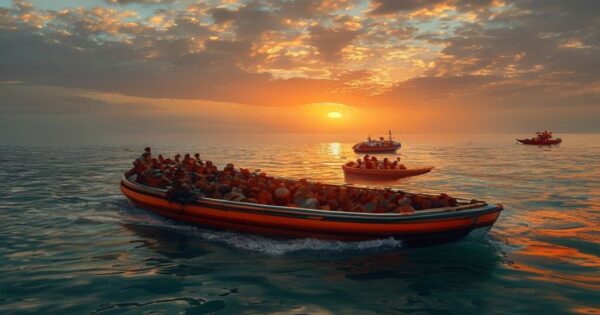 A photorealistic wide shot of a rubber boat overcrowded with people in the Mediterranean Sea at sunset, with rescue workers in orange vests approaching on a small inflatable boat, dramatic lighting, n