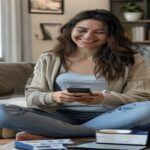 A photorealistic image of a Uruguayan woman in her 30s sitting in a modern living room, smiling while holding a smartphone and a credit card, with a delivery package at her feet. The background shows
