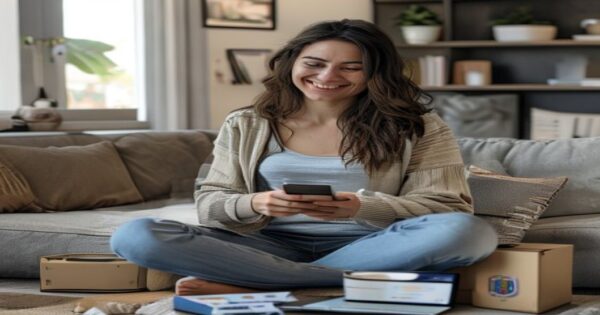 A photorealistic image of a Uruguayan woman in her 30s sitting in a modern living room, smiling while holding a smartphone and a credit card, with a delivery package at her feet. The background shows