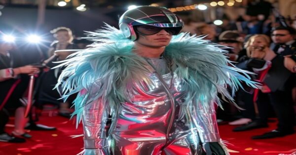 Sam Smith at the Met Gala 2026 wearing a futuristic silver latex suit with neon ostrich feathers and a holographic helmet, standing on the red carpet with a confident pose, surrounded by photographers