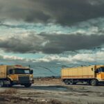 A photorealistic image of a humanitarian convoy of trucks loaded with food and medical supplies approaching the Gaza border, with barbed wire and a checkpoint in the foreground, under a cloudy sky, no