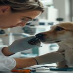 A photorealistic image of a veterinarian examining a dog's paw wound in a clean clinic, with a microscope and medical tools visible. The dog looks calm. Natural lighting, high detail.