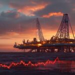 A photorealistic image of an oil drilling rig at sunset, with a graph overlay showing a sharp downward trend in oil prices. The scene conveys a sense of geopolitical tension and market volatility.