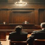 A realistic photo of a Spanish courtroom with judges in robes seated at a high bench, a prosecutor speaking at a lectern, and the accused man in a suit standing with his lawyer. The atmosphere is tens
