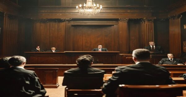 A realistic photo of a Spanish courtroom with judges in robes seated at a high bench, a prosecutor speaking at a lectern, and the accused man in a suit standing with his lawyer. The atmosphere is tens