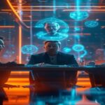 A photorealistic image of Elon Musk, Sam Altman, and Demis Hassabis sitting at a futuristic conference table, with holographic AI schematics floating above them. The mood is tense but professional, wi
