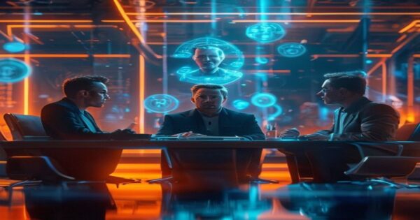 A photorealistic image of Elon Musk, Sam Altman, and Demis Hassabis sitting at a futuristic conference table, with holographic AI schematics floating above them. The mood is tense but professional, wi