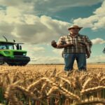 A photorealistic image of a farmer standing in a green wheat field, holding a smartphone displaying an insurance policy document, with a modern tractor in the background under a partly cloudy sky.