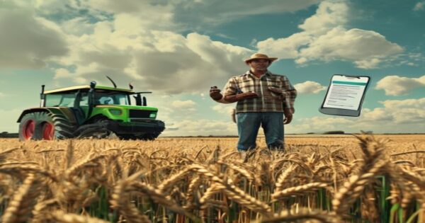 A photorealistic image of a farmer standing in a green wheat field, holding a smartphone displaying an insurance policy document, with a modern tractor in the background under a partly cloudy sky.