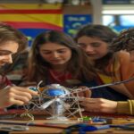 A realistic photo of a group of Spanish teenagers (16 years old) working together on a small satellite made from a soda can, with tools and electronic components on a desk in a classroom. The students
