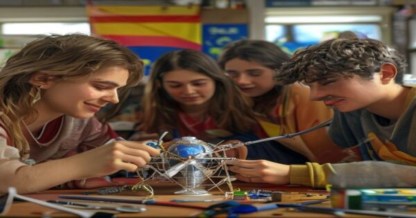 A realistic photo of a group of Spanish teenagers (16 years old) working together on a small satellite made from a soda can, with tools and electronic components on a desk in a classroom. The students
