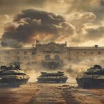 A photorealistic image of the Moneda Palace in Santiago, Chile, with military tanks surrounding it on September 11, 1973, smoke rising in the background, dramatic lighting, historical documentary styl