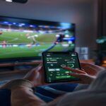A photorealistic image of a person using a smartphone with a betting app open, showing a cash out button highlighted in green. The screen displays a football match score and a cash out amount. The per