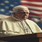 Pope Leo XIV standing at a podium in the Vatican, with a serious expression, addressing a crowd. In the background, a blurred American flag and a globe. Photorealistic, natural lighting, 8K.