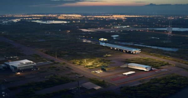 A photorealistic aerial view of Newark Liberty International Airport at dusk, with a damaged light pole near the runway and a delivery truck with a dented roof, surrounded by industrial areas and wetl