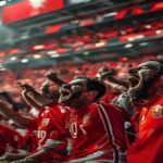 Realistic photo of Sevilla FC fans cheering in the Sánchez-Pizjuán stadium during a tense match, with players celebrating a goal in the background. Vibrant red and white colors, dramatic lighting, h