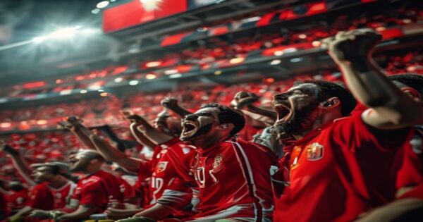 Realistic photo of Sevilla FC fans cheering in the Sánchez-Pizjuán stadium during a tense match, with players celebrating a goal in the background. Vibrant red and white colors, dramatic lighting, h