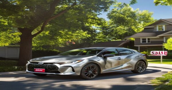A photorealistic image of a 2022 Toyota Corolla Hybrid in silver parked in a suburban driveway, with a 'For Sale' sign on the windshield, sunny day, green trees in background.