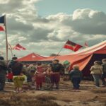A photorealistic image of a group of civilians, including families with children, waiting at a temporary shelter with Dutch flags and Red Cross tents in the background, under a cloudy sky.