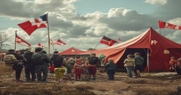 A photorealistic image of a group of civilians, including families with children, waiting at a temporary shelter with Dutch flags and Red Cross tents in the background, under a cloudy sky.