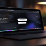 A realistic photo of a MacBook screen displaying a fake support website for macOS errors, with a download button for a .dmg file. The background shows a dimly lit room, conveying a sense of urgency an