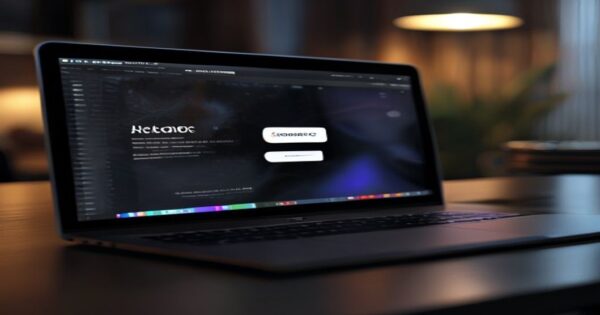 A realistic photo of a MacBook screen displaying a fake support website for macOS errors, with a download button for a .dmg file. The background shows a dimly lit room, conveying a sense of urgency an
