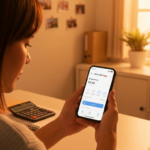 A realistic photo of a person using a smartphone with the Mercado Pago app open, showing the investment balance screen. The scene is a modest home office in Latin America, with a calculator and a note