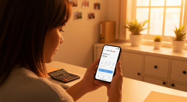 A realistic photo of a person using a smartphone with the Mercado Pago app open, showing the investment balance screen. The scene is a modest home office in Latin America, with a calculator and a note