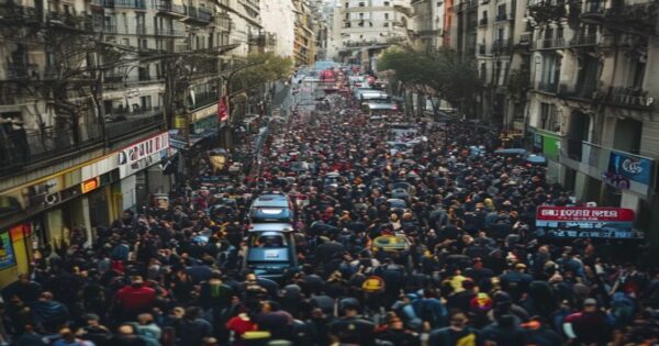 Celebración del título del Barça: caos de movilidad en Barcelona 2 A crowded street in Barcelona with thousands of FC Barcelona fans celebrating, traffic jam, metro station closed sign, police officers managing crowd, urban chaos, photorealistic, wide angle shot.