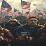 A photorealistic image of a divided American crowd, with some people holding smartphones showing conspiracy theories, while others look skeptical. The background shows a political rally with American