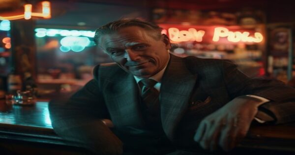 A photorealistic movie still of Glen Powell as a charismatic con artist in a dimly lit New York bar, wearing a tailored suit, leaning casually against a wooden counter, smirking at the camera, with bl
