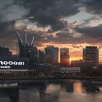 A photorealistic image of the London skyline at sunset, with the Shard and other skyscrapers visible, and a large sign saying 'JPMorgan Chase' on a modern building under construction, with cranes and