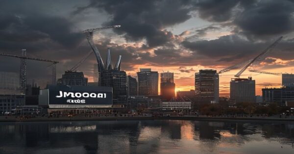 A photorealistic image of the London skyline at sunset, with the Shard and other skyscrapers visible, and a large sign saying 'JPMorgan Chase' on a modern building under construction, with cranes and
