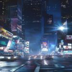 A photorealistic urban night scene with excessive LED billboards on buildings, casting harsh light on a busy street with pedestrians and cars. The skyline is cluttered with bright advertisements, crea