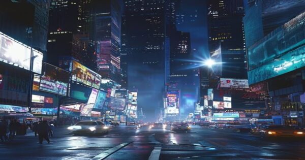 Publicidad luminosa: el impacto silencioso en el paisaje urbano 2 A photorealistic urban night scene with excessive LED billboards on buildings, casting harsh light on a busy street with pedestrians and cars. The skyline is cluttered with bright advertisements, crea