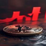 A photorealistic image of a Bitcoin physical coin resting on a wooden table, with a downward red arrow chart superimposed in the background, soft lighting, dark ambiance, no text.