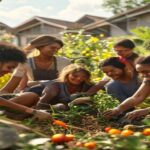 A photorealistic image of a group of diverse women in a sunny communal garden, working together on a cooperative farming project. They are smiling and sharing tools, with a background of simple eco-fr