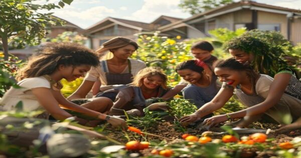 Feminismo separatista: una respuesta al patriarcado financiero global 2 A photorealistic image of a group of diverse women in a sunny communal garden, working together on a cooperative farming project. They are smiling and sharing tools, with a background of simple eco-fr