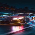 A detailed photorealistic image of a car racing on the Nürburgring track at night, with headlights on, suspension system highlighted with glowing lines showing adaptive damping in action. No text or