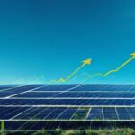 A photorealistic image of a modern solar panel field in Spain under a bright blue sky, with a subtle graph overlay showing electricity prices dropping and then a tax arrow going up. No text or logos.