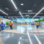 A modern Walmart store with a dedicated pickup area for online orders, showing customers collecting packages from automated lockers, bright and clean interior, photorealistic style.