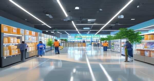 Walmart y el comercio omnicanal: claves de su éxito en resultados trimestrales 2 A modern Walmart store with a dedicated pickup area for online orders, showing customers collecting packages from automated lockers, bright and clean interior, photorealistic style.