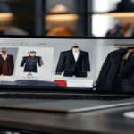 A high-end fashion e-commerce website displayed on a laptop and smartphone, with fast loading times and secure payment icons, set in a modern office with luxury clothing items in the background.
