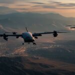 A photorealistic image of an Iranian Shahed-136 drone flying over a mountainous landscape near Erbil, with a military camp in the distance, at dusk. No text or logos.