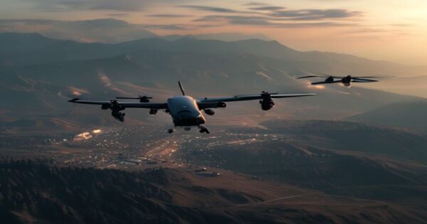 A photorealistic image of an Iranian Shahed-136 drone flying over a mountainous landscape near Erbil, with a military camp in the distance, at dusk. No text or logos.