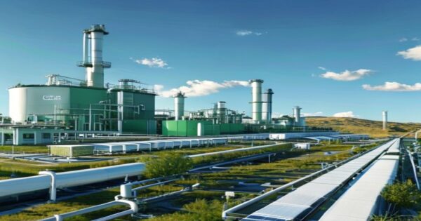 A photorealistic wide shot of a large green hydrogen production facility in Spain, with rows of electrolyzers and solar panels in the background under a clear blue sky. The facility is modern, with wh